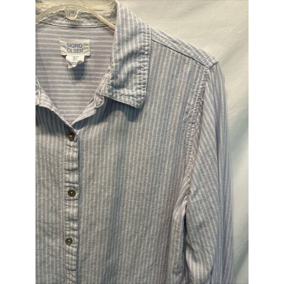 Sigrid Olsen Womens Large Button Up Shirt Linen Blend Blue Stripe Beach Career - Picture 3 of 9